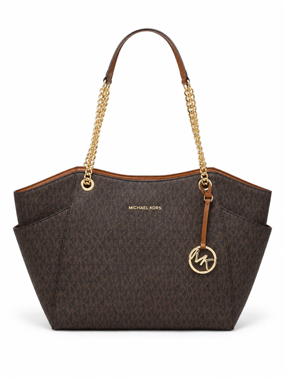 Michael Kors Jet Set Travel Brown Signature Logo Chain Shoulder Tote Bag